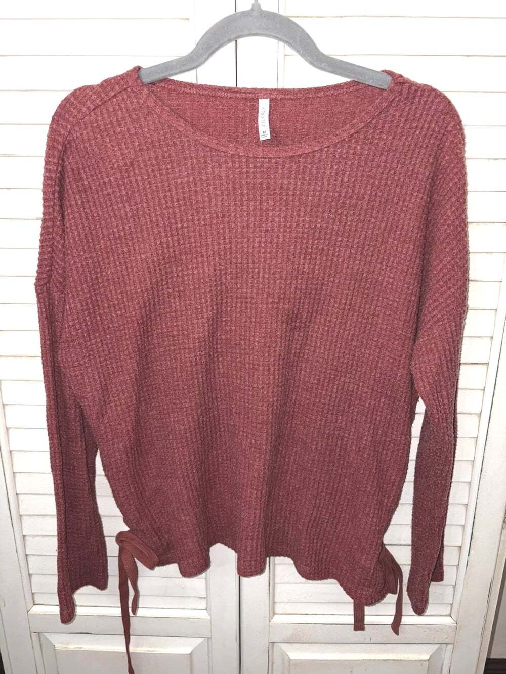 Z Supply Maroon Waffle Knit Crew Top with lace up sides medium